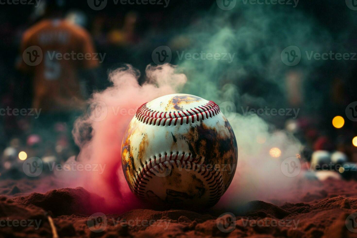 AI generated Mysterious ambiance Colorful baseball pops in a smoky, dramatic setting photo