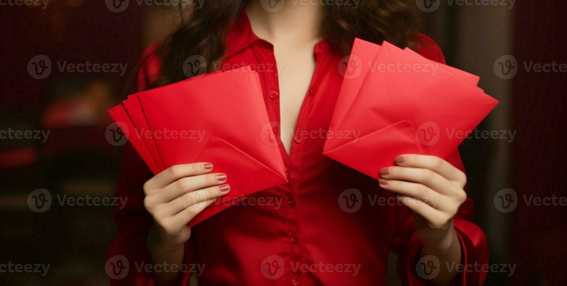 AI generated Joyous celebration Woman holding red envelope for Lunar New Year photo