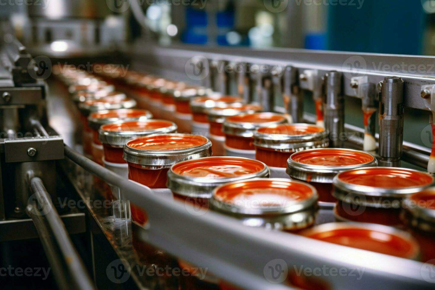 AI generated Canned fish factory Sardines in tomato sauce, production line scene photo