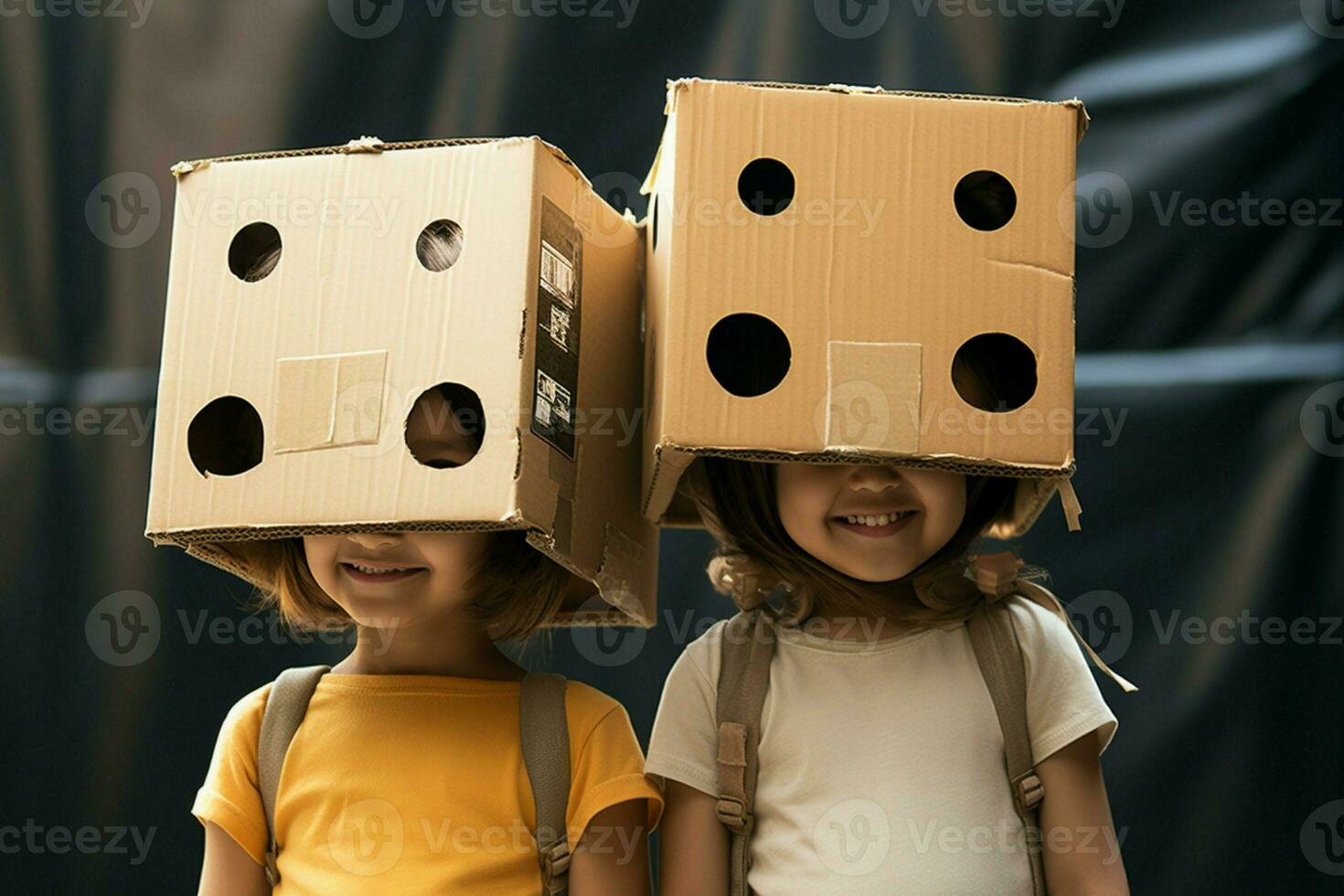 ai generado imaginativo jugar dos pequeño muchachas con cartulina cajas como sombrerería foto