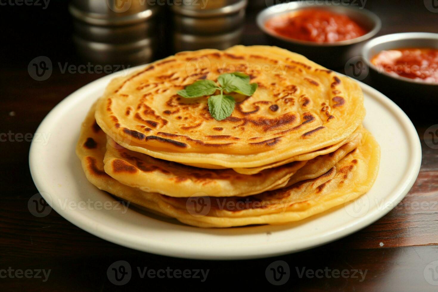 AI generated Plate adorned with paratha, canai, or roti Maryam breakfast dish photo