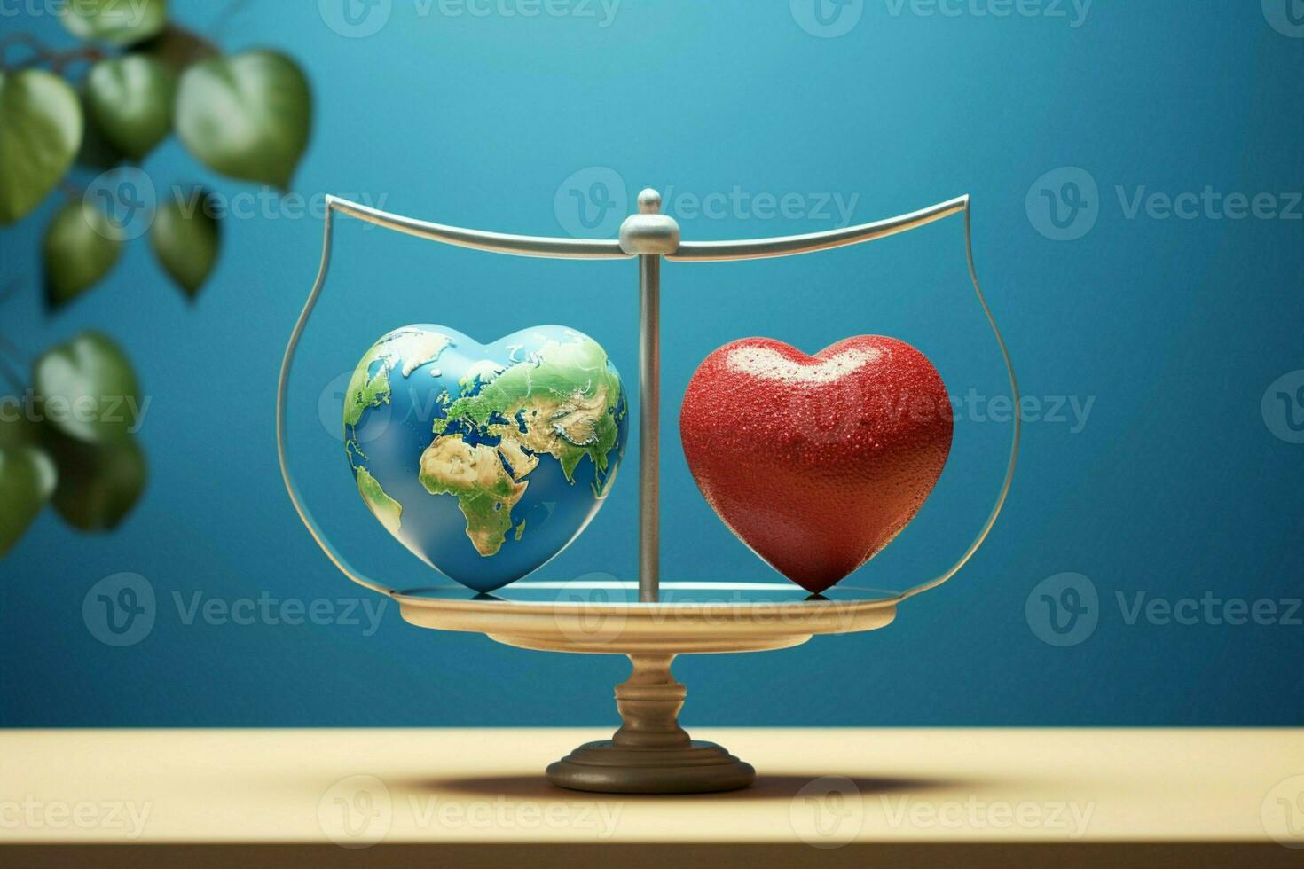 AI generated Balancing life Earth globe vs heart on scales, 3D illustration photo