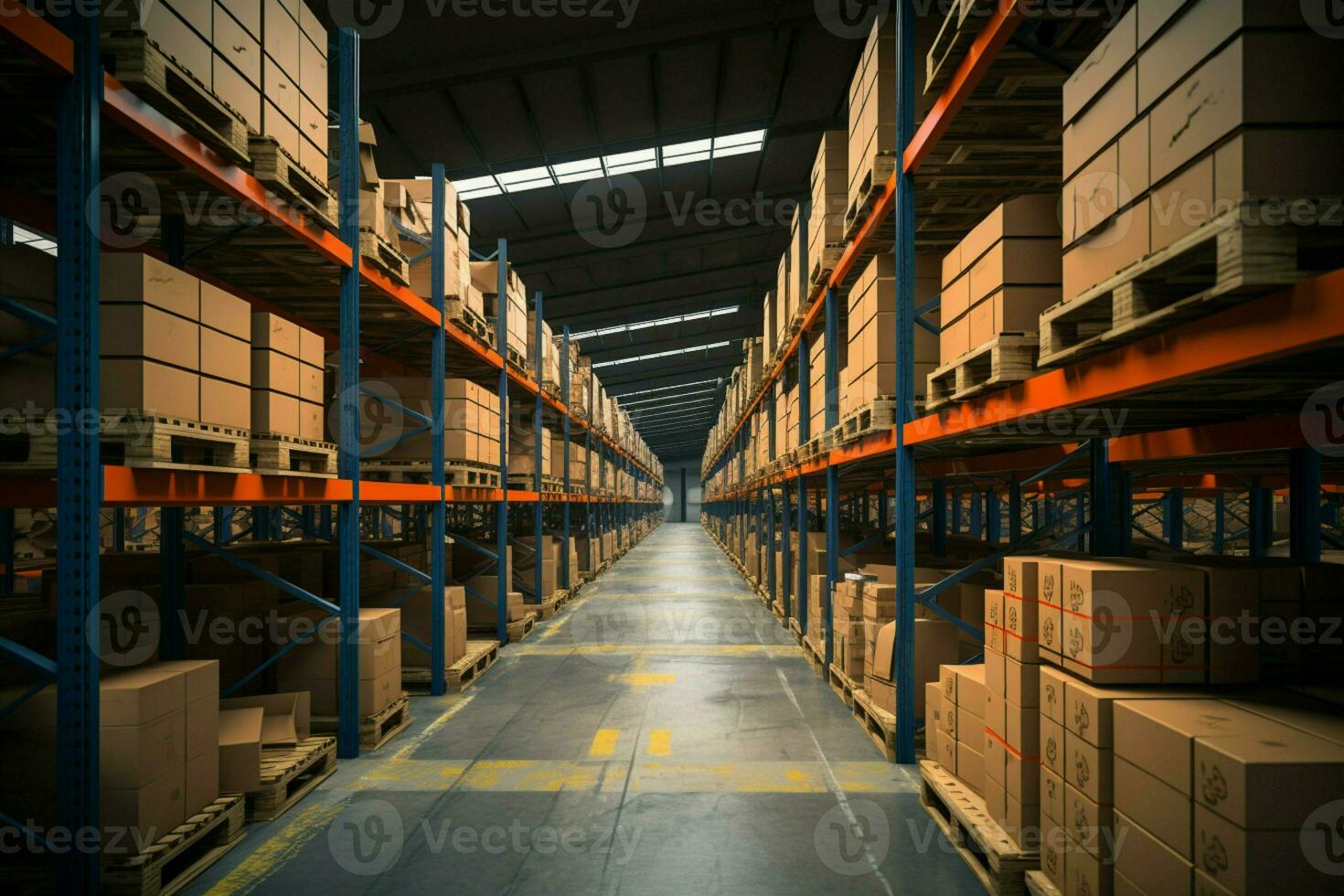 AI generated Warehouse with shelves full of merchandise, ready for global distribution photo