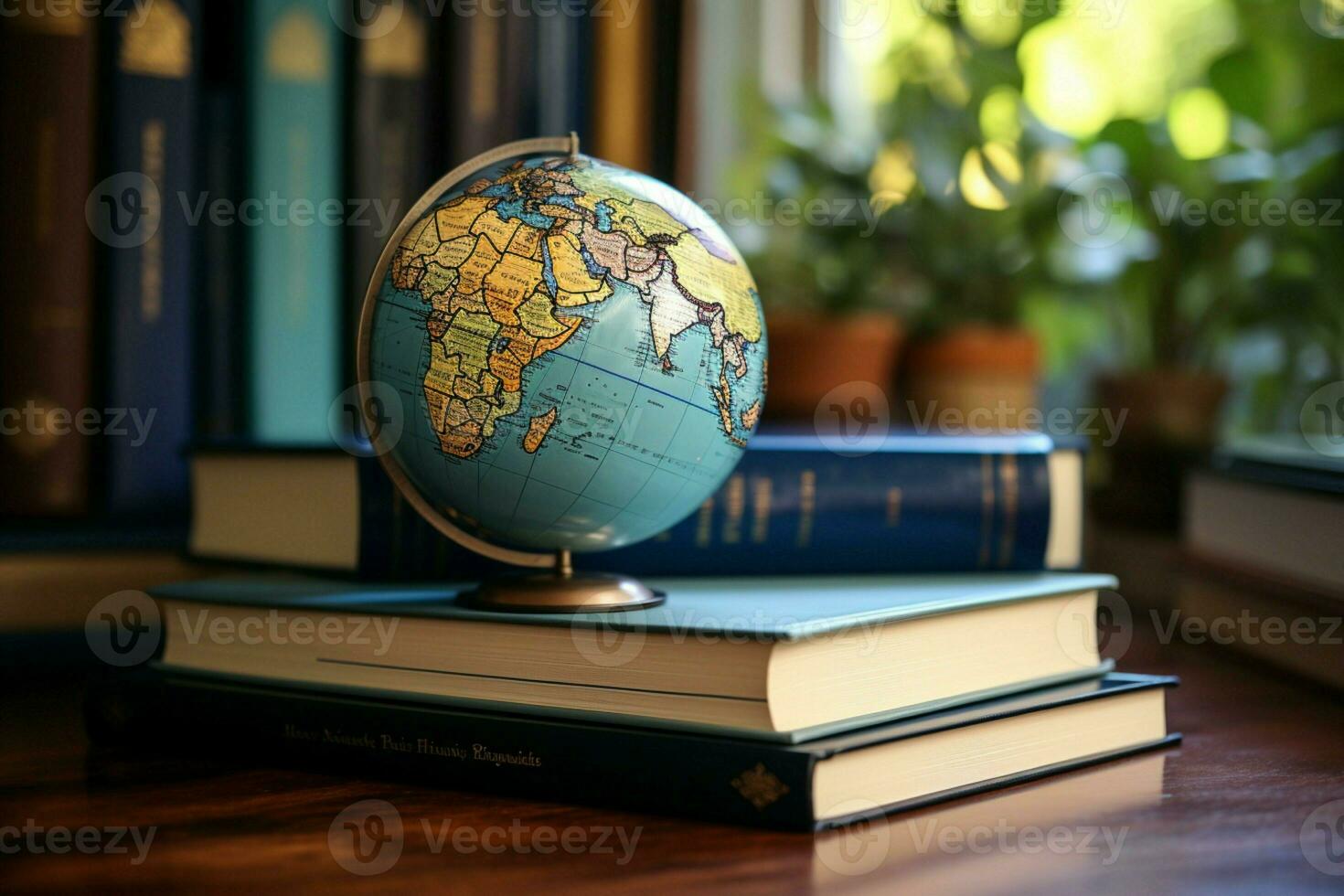 ai generado educativo exploración tierra globo rodeado por un colección de libros ai generado foto