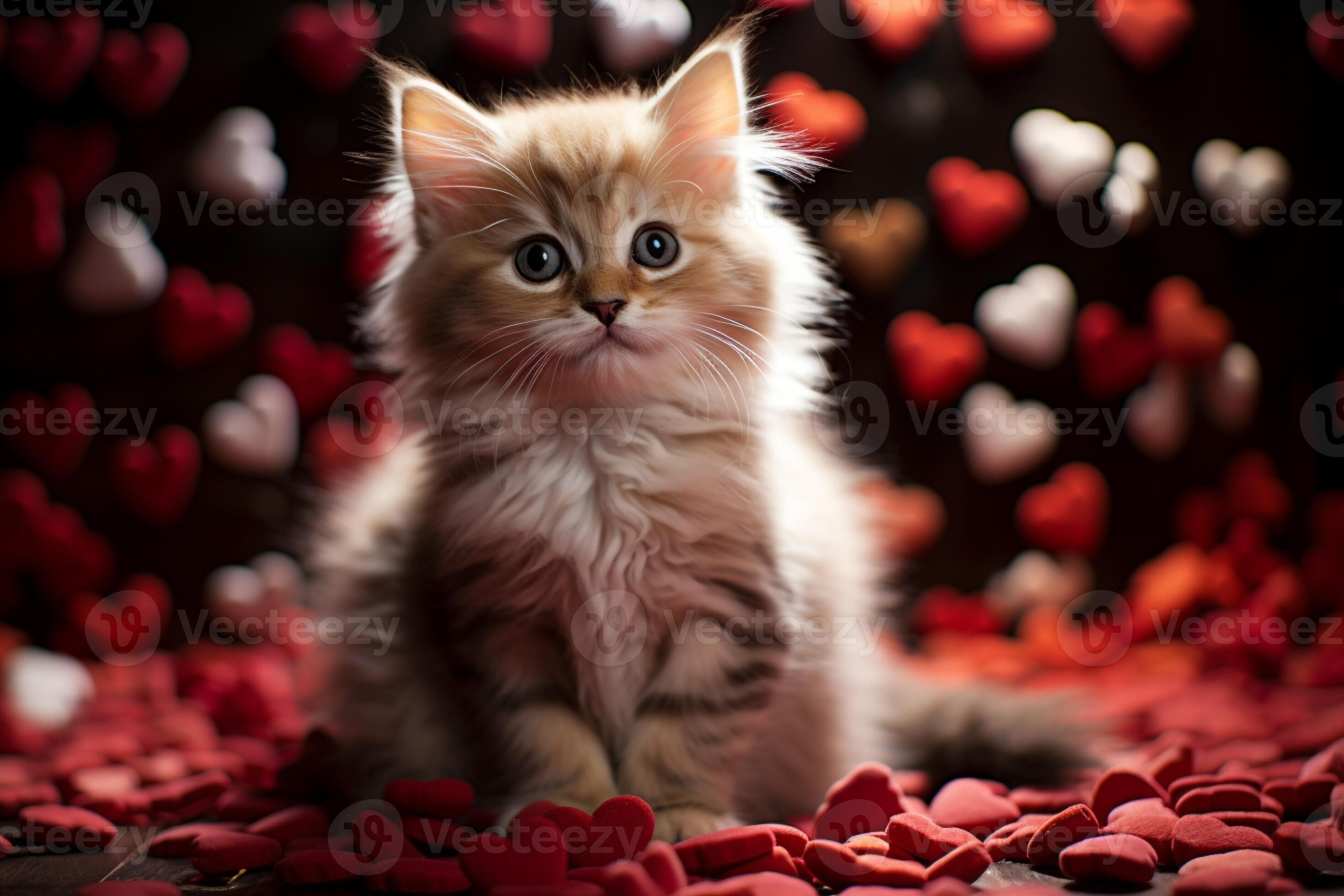 AI generated Heartwarming feline love A kitten cuddling a heart a scene