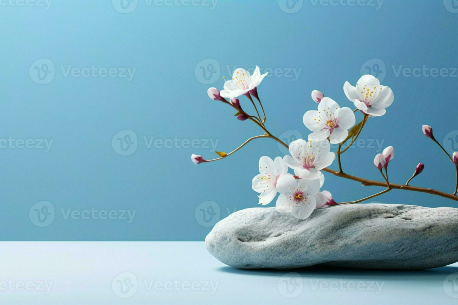 AI generated Simple stone and flowers scene on a light blue backdrop photo
