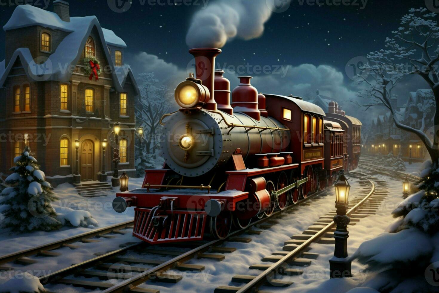 AI generated Christmas themed train traveling through a snowy winter landscape AI Generated photo