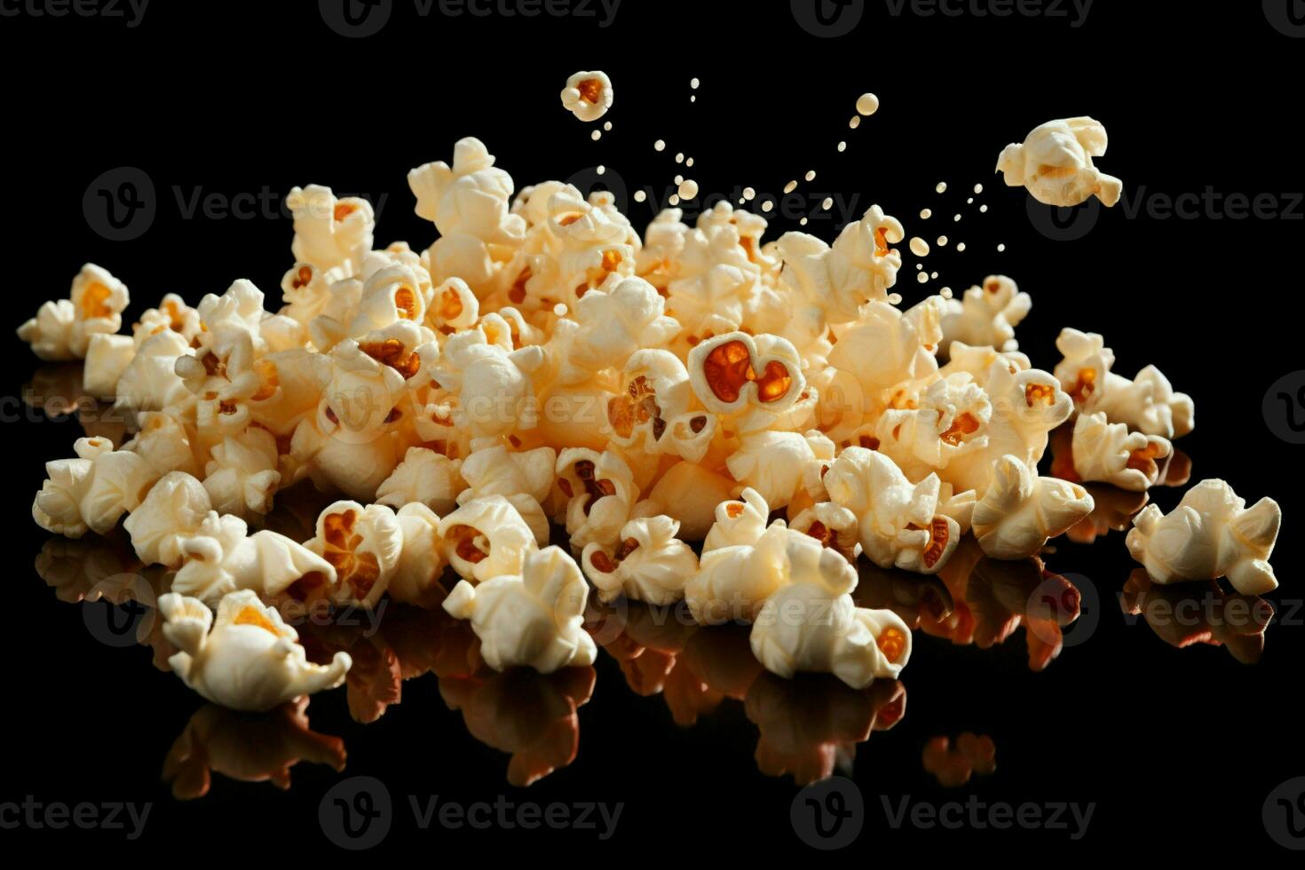 AI generated Isolated popcorn on black background, capturing the falling or flying photo