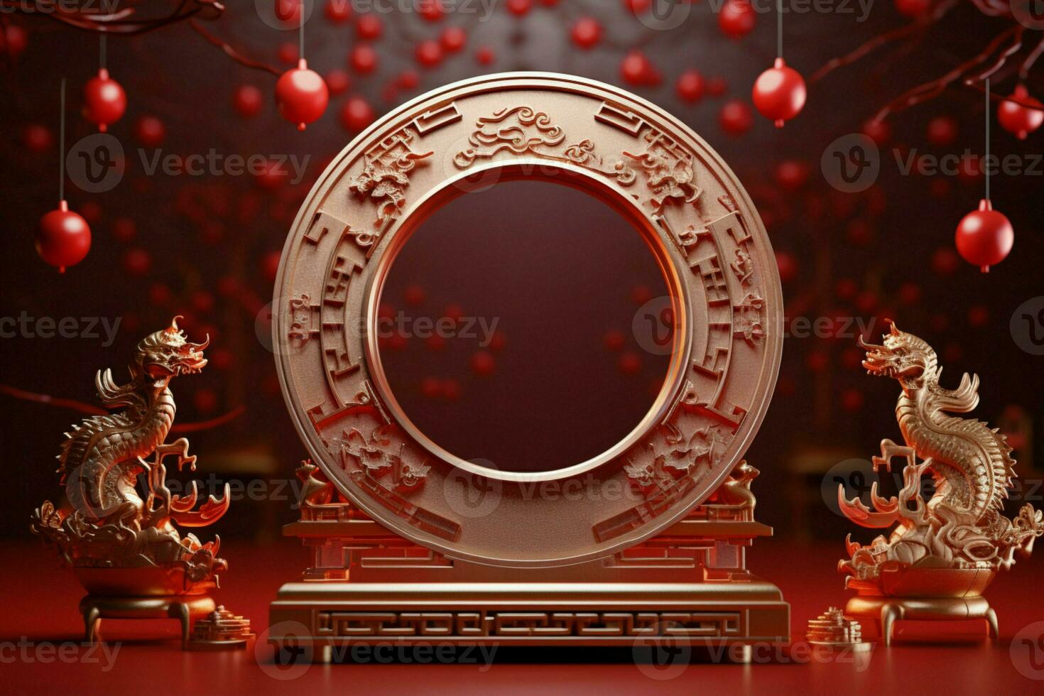 AI generated Fashionable 3D podium Chinese New Year, mid autumn, red gold celebration photo