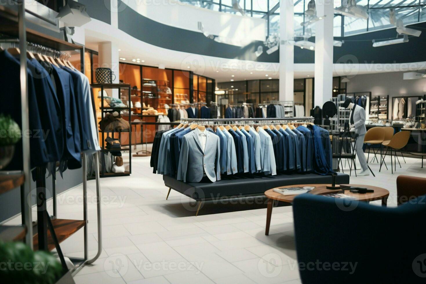 AI generated Fashionable retail store interior, showcasing mens and womens formal wear photo