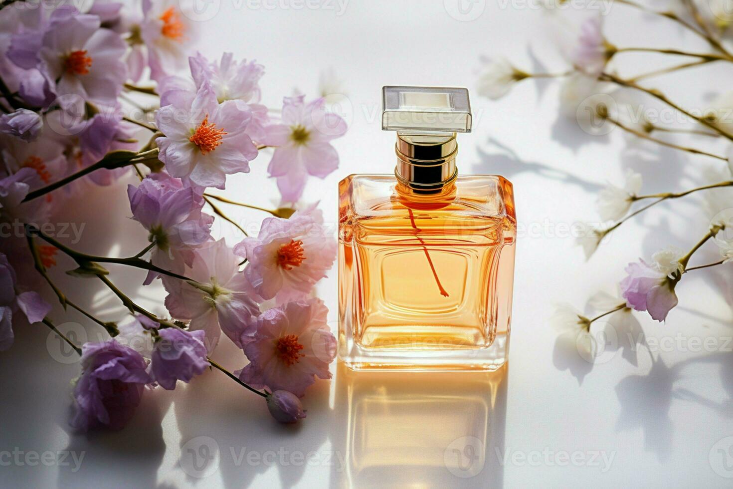 ai generado fragancia elegancia perfume botellas y flores gracia un hermosa blanco fondo foto
