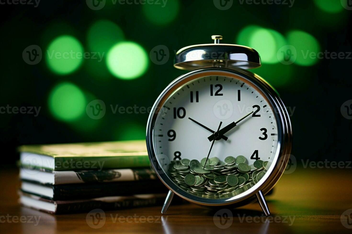 AI generated Dollar savings and clock in a glass jar, symbolizing investment photo