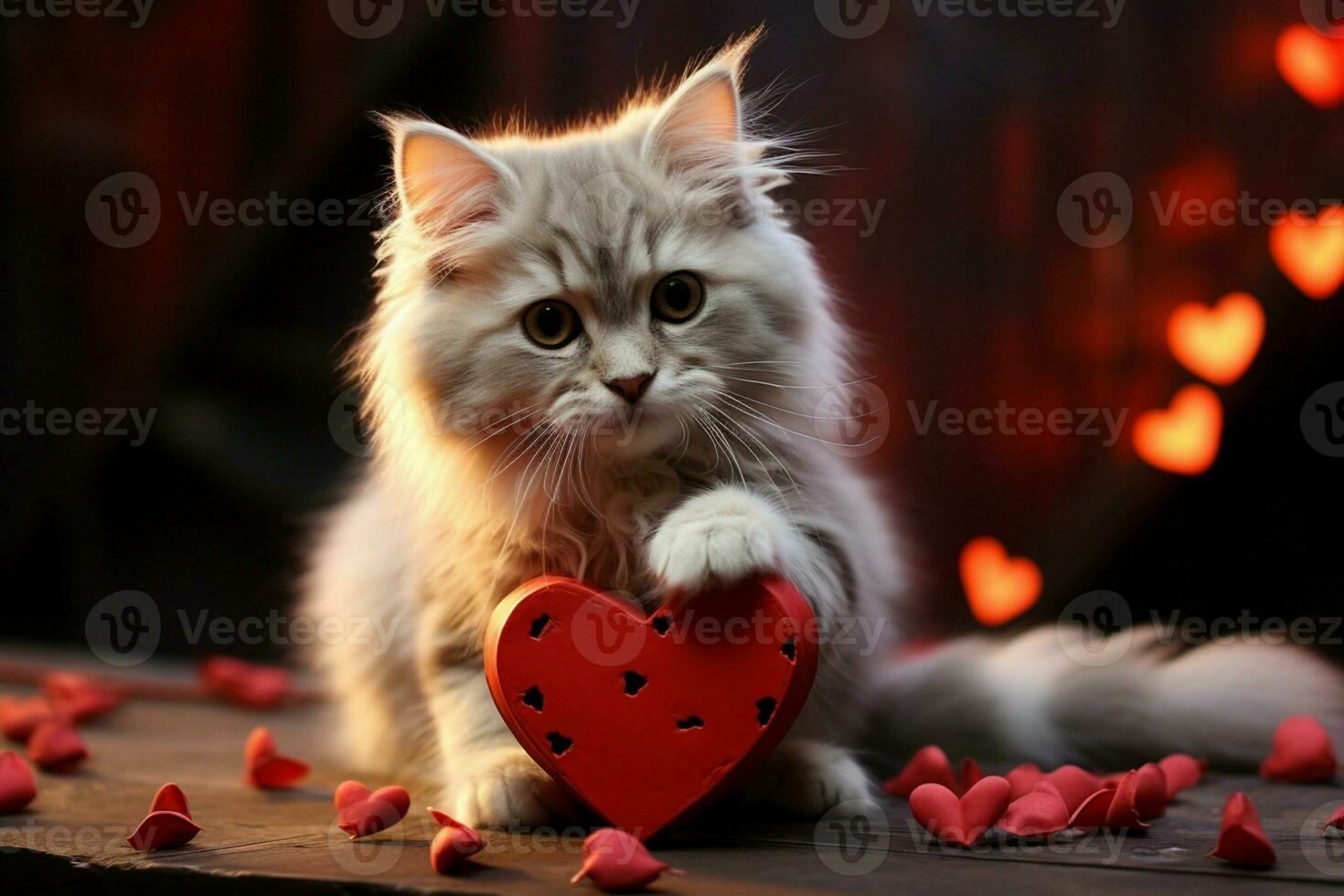 AI generated Heartwarming feline love A kitten cuddling a heart a scene of pure cuteness AI Generated photo