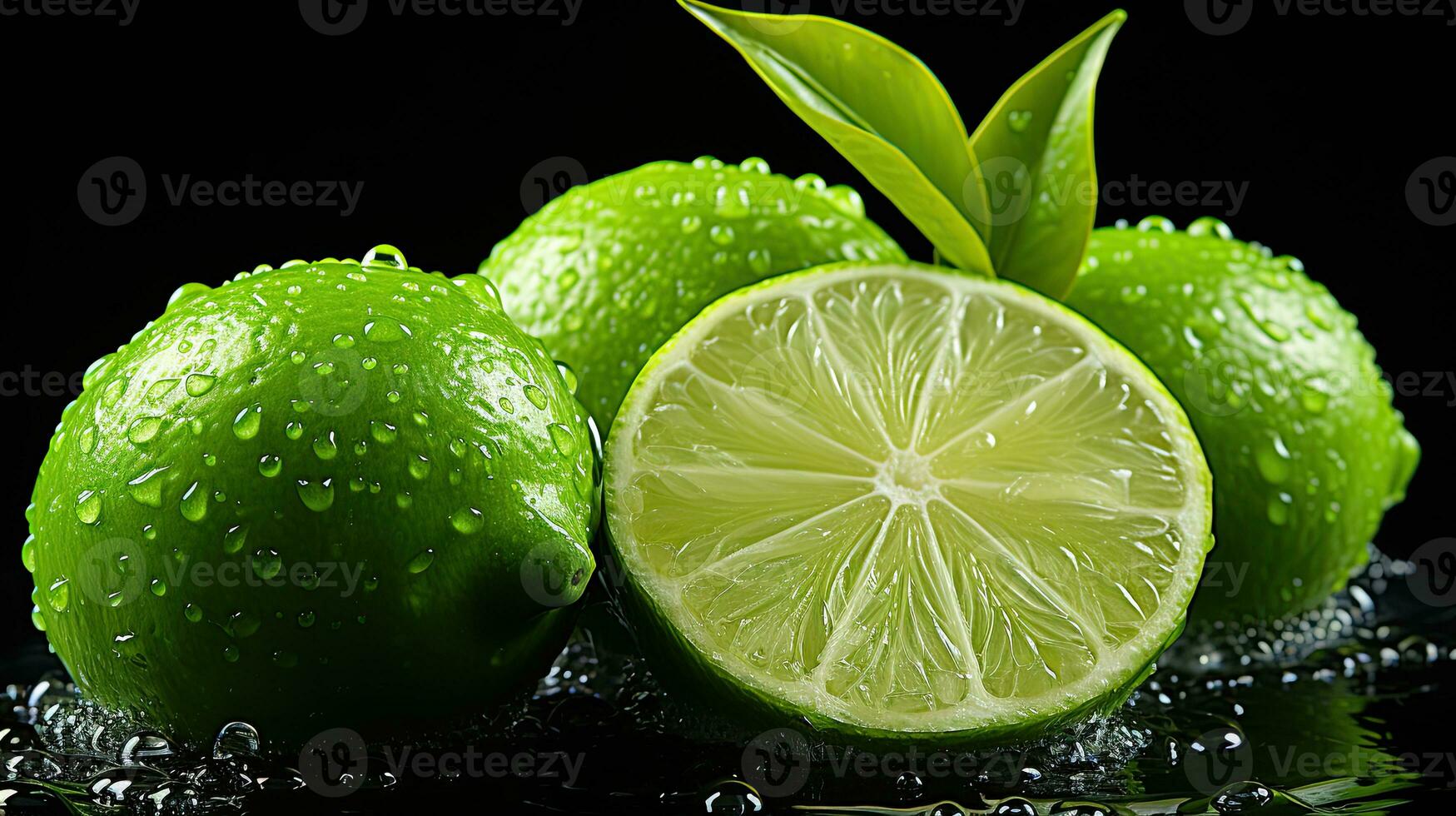 AI generated Lime Citrus Fruits. Close up shot of wet limes. Created with Generative AI photo