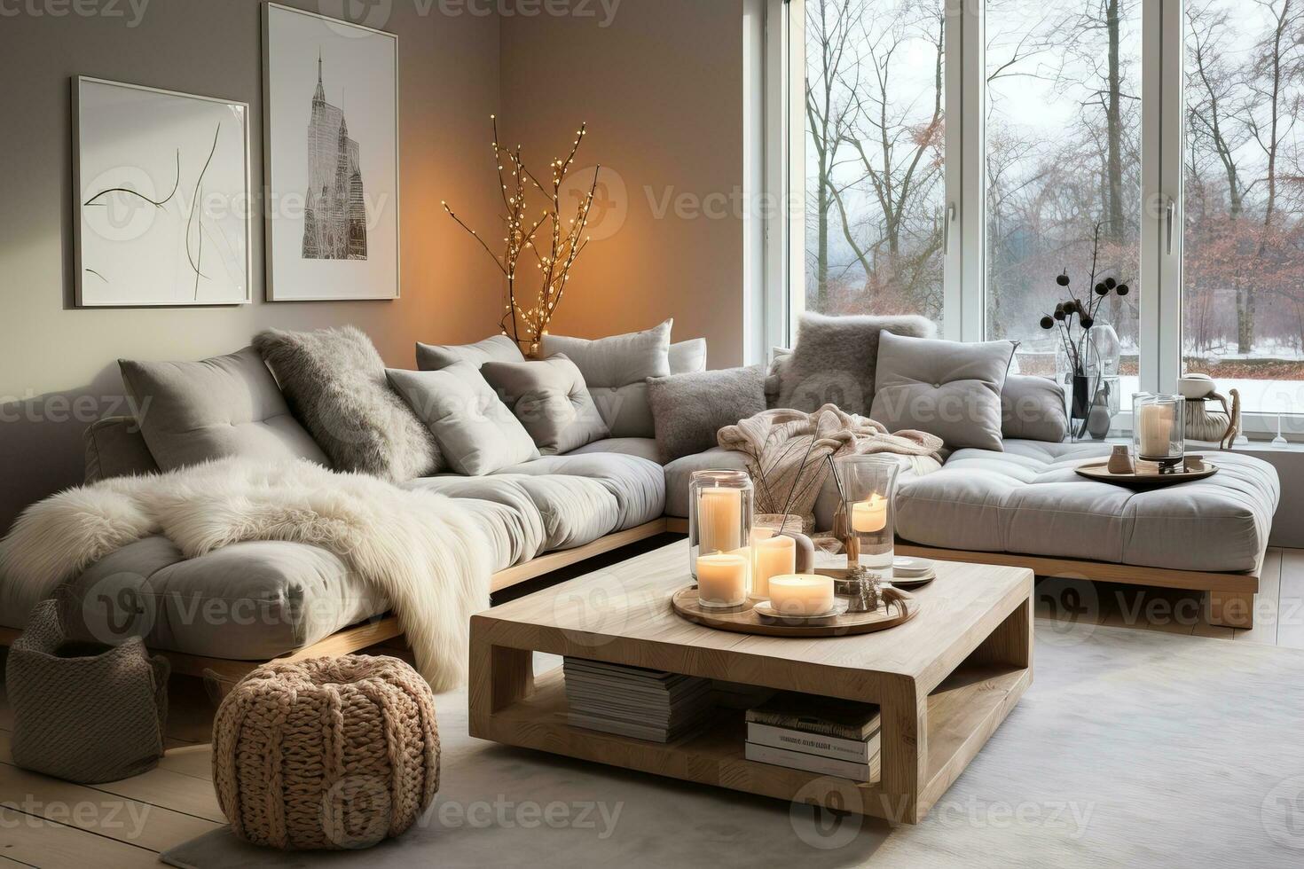 AI generated Scandinavian inspired living room with big window, cozy, elegance and a welcoming feel photo