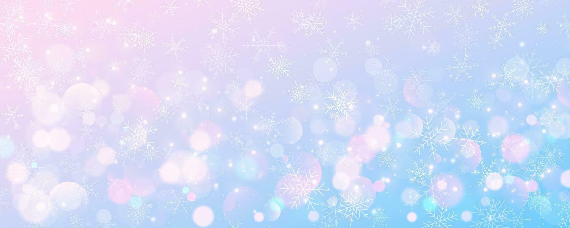 Christmas snowy background. Cold pink blue pastel winter sky. Vector ice blizzard on gradient texture with bokeh and flakes. Festive new year theme for season sale wallpaper.