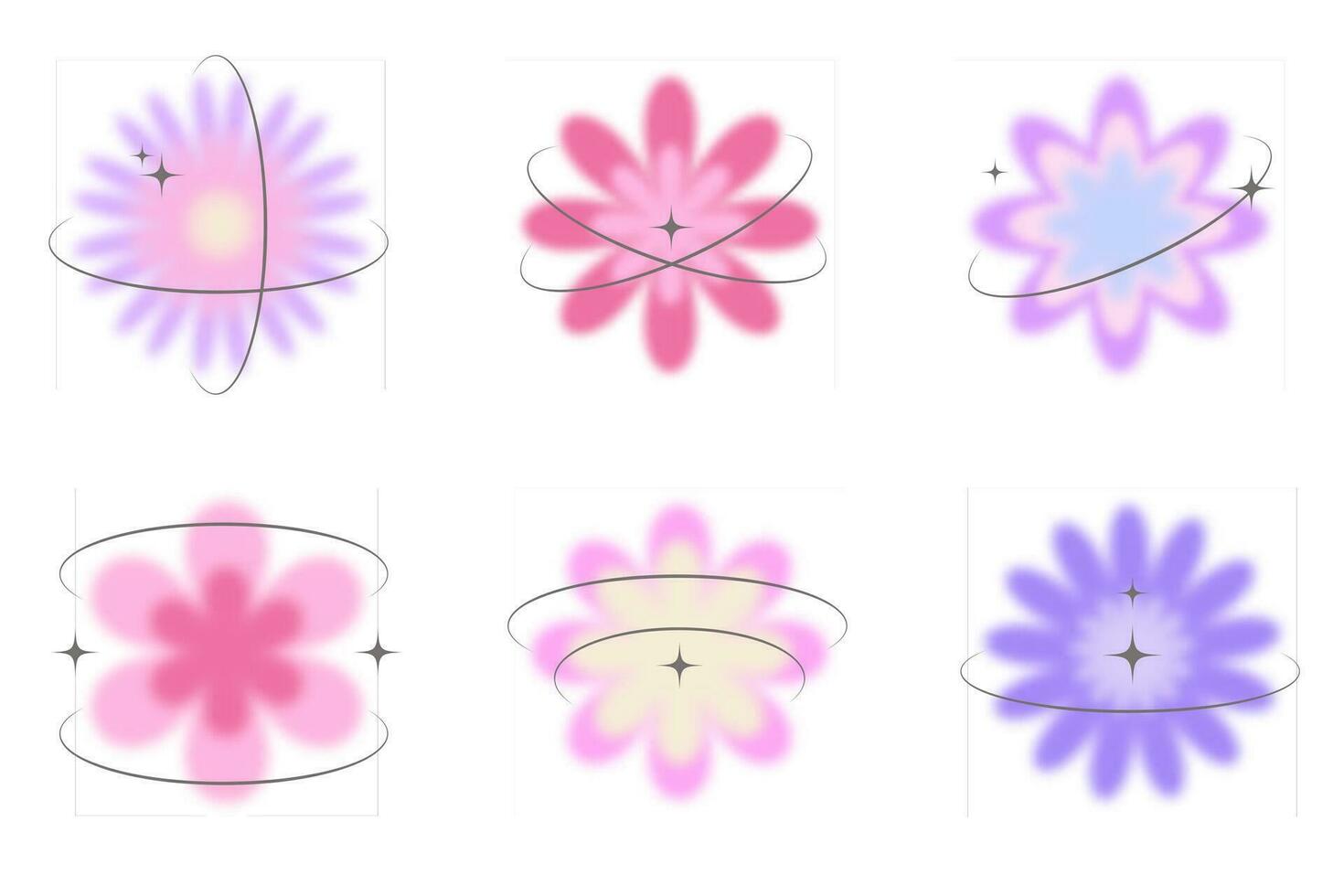 Y2k blurred flower. Gradient aesthetic stickers with soft glow effect and aura with stars on orbits. Cute smooth futuristic vector collection on white background