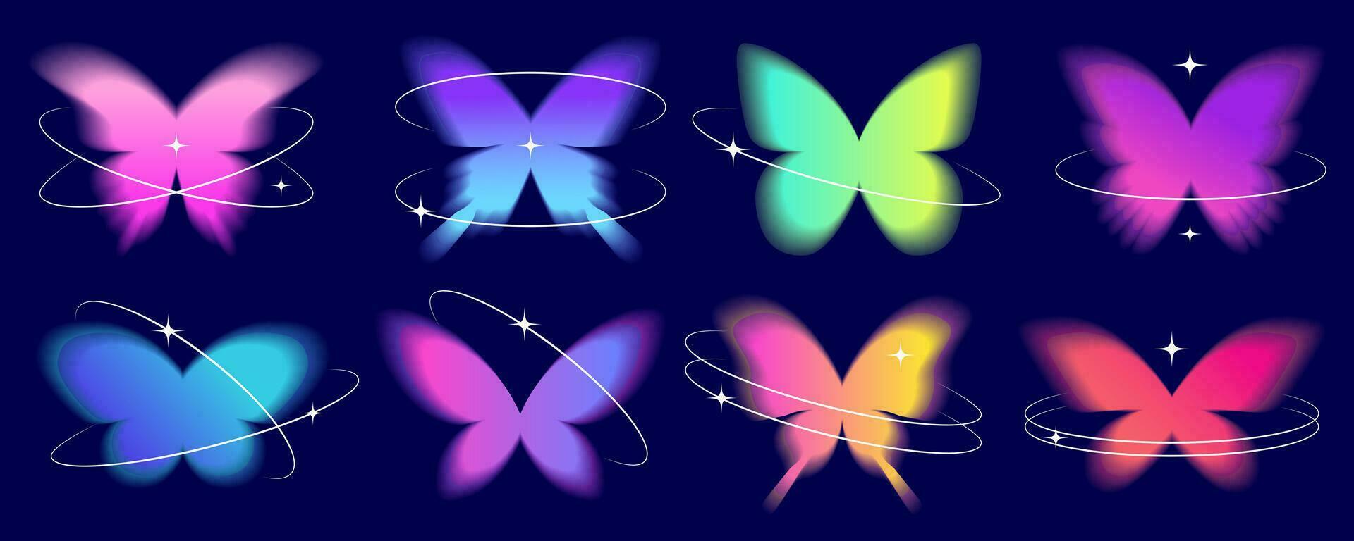 Y2k blurred butterfly. Gradient sticker element. Aesthetic groovy soft figure with glow. Aura trendy effect with orbits and sparkles on white background vector