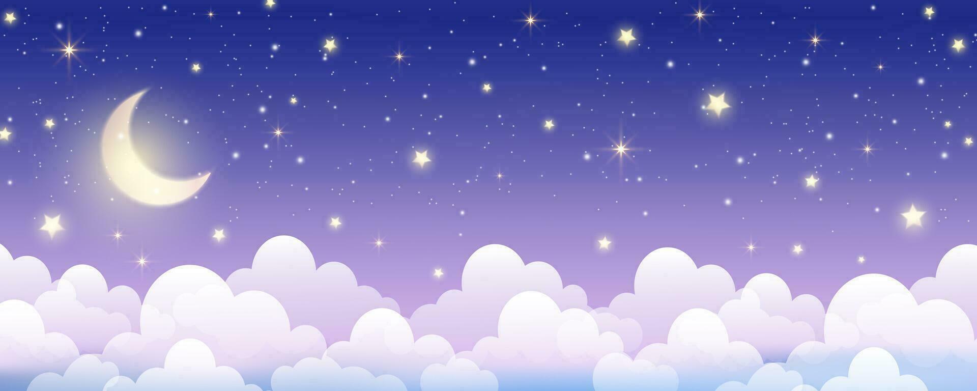 Night sky background. Starry dark gradient space. Crescent moon and clouds dreamy scene. Vector cute landscape panorama. Magic midnight illustration