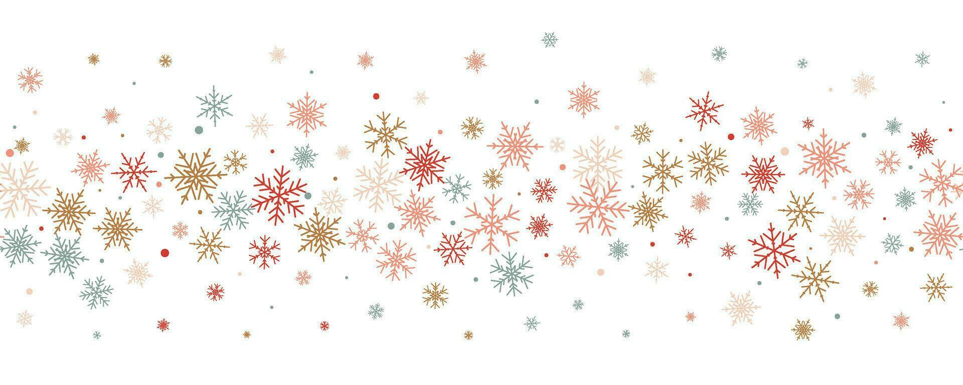 Snowflakes vector background. Winter holiday decor with multicolor crystal elements. Graphic icy frame isolated on white backdrop.