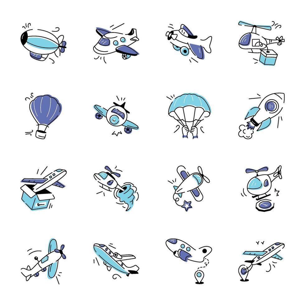 Collection of Aircraft Doodle Icons vector