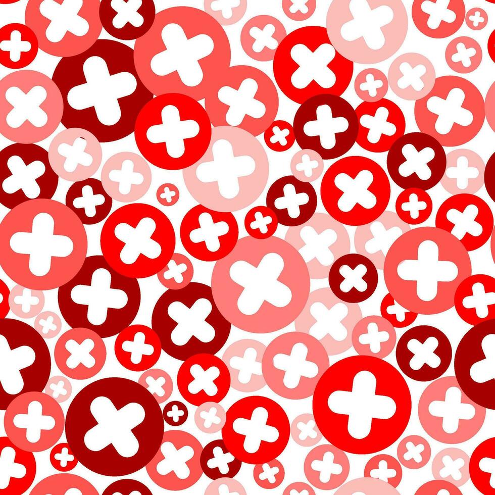 Plus cross pattern. Abstract medical seamless background. Vector hospital and healthcare geometric symbol. Simple red elements on white backdrop.