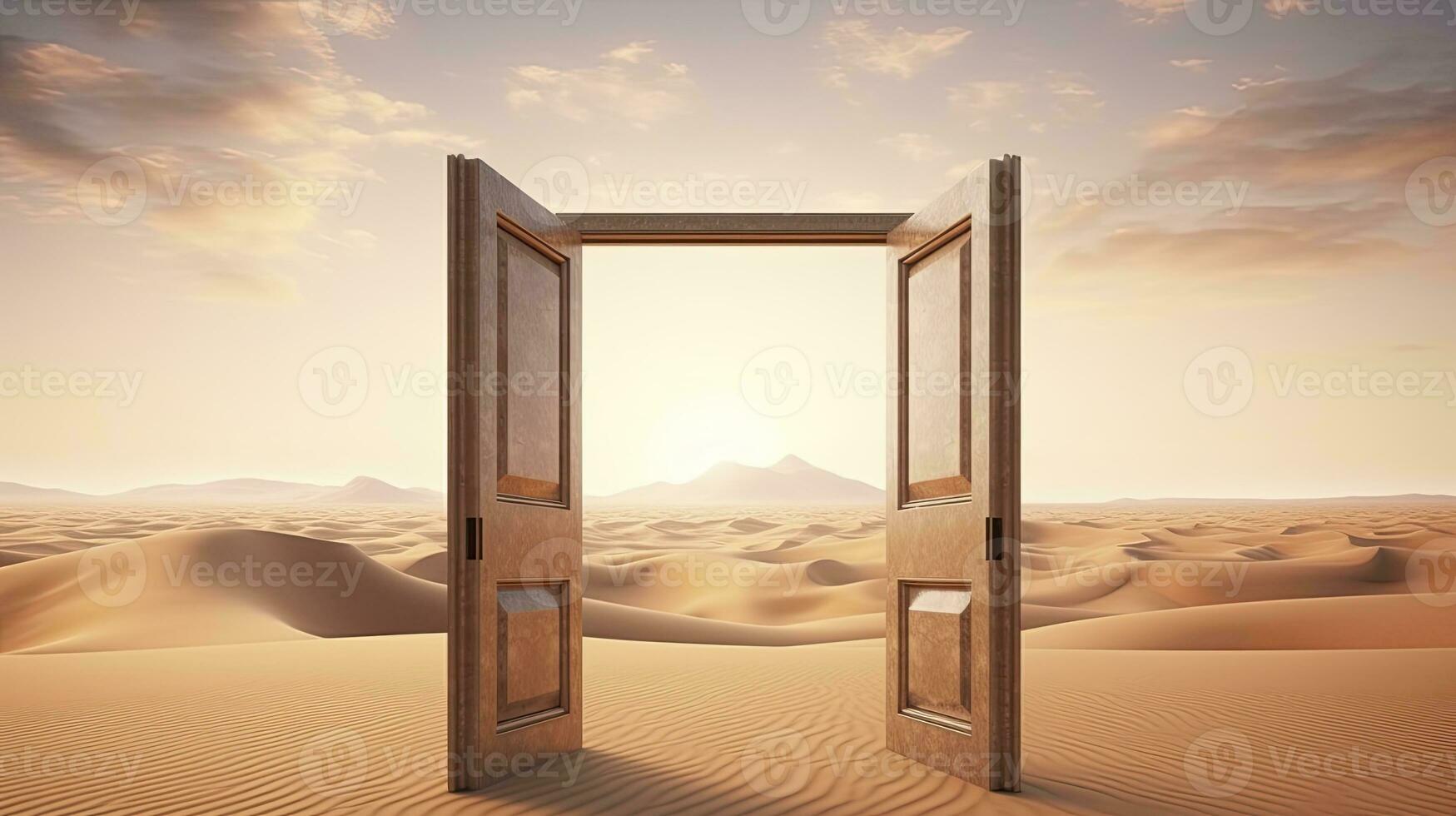 ai generado el abrió puerta en el desierto. desconocido y comienzo arriba concepto. ai generado. foto