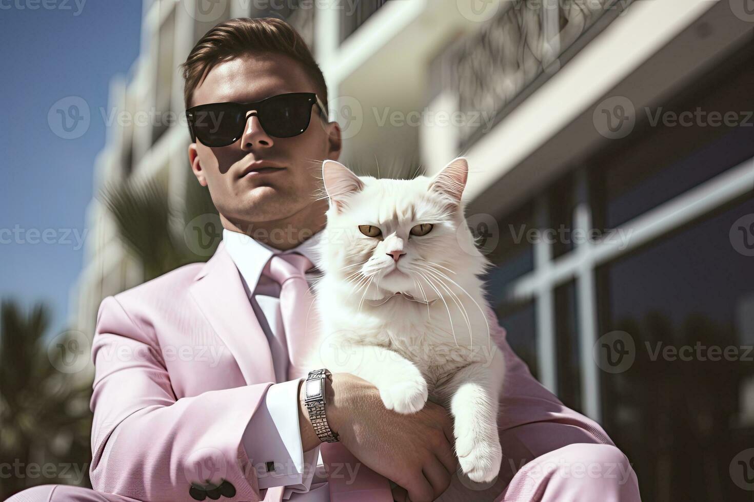 AI generated A man with his cat is wearing sunglasses, suit and standing on street. AI Generated photo