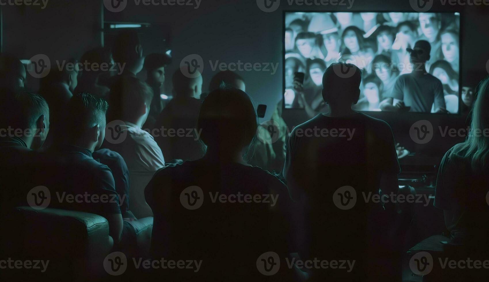 AI generated People crowd watching TV. TV addiction, propaganda and fake news concept. Generative AI photo