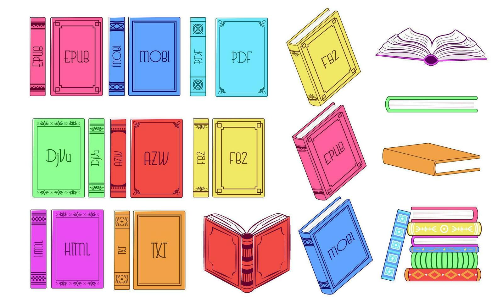 Electronic books of different formats with inscriptions epab, mobi, pdf. Simple flat books from different angles. Interface design for an electronic library. vector