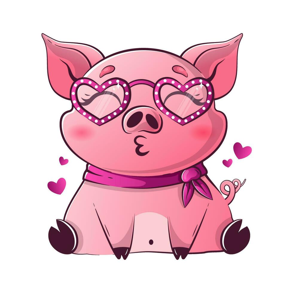 kawaii cerdo con en forma de corazon lentes envía un beso. linda animales para San Valentín día. vector