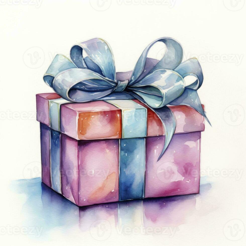 AI generated Watercolor birthday present with bow isolated on white background.  AI Generated photo