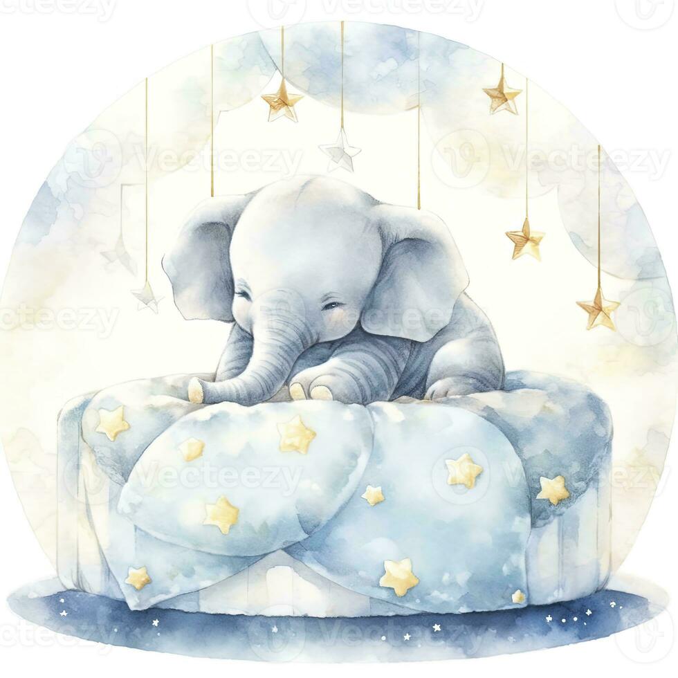 AI generated An elephant on a bed with stars and blankets around the circle. AI Generated photo