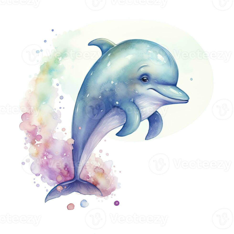 AI generated Watercolor fantasy Baby Dolphin clip art isolated white background. AI Generated photo