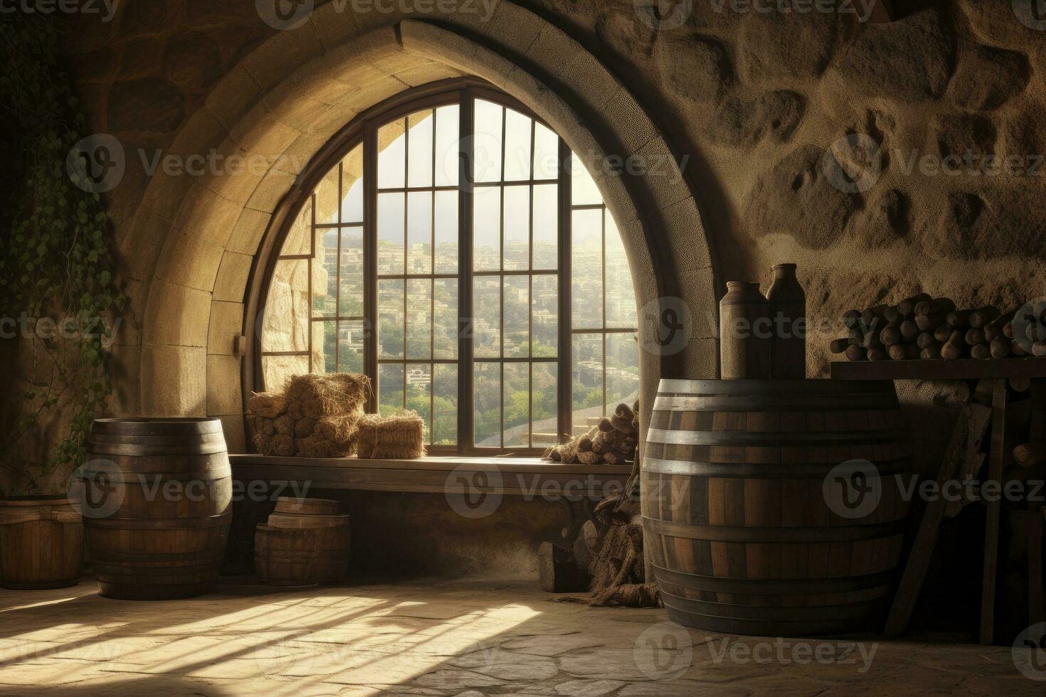 AI generated Barrel in an ancient castle beside the window. AI Generated photo