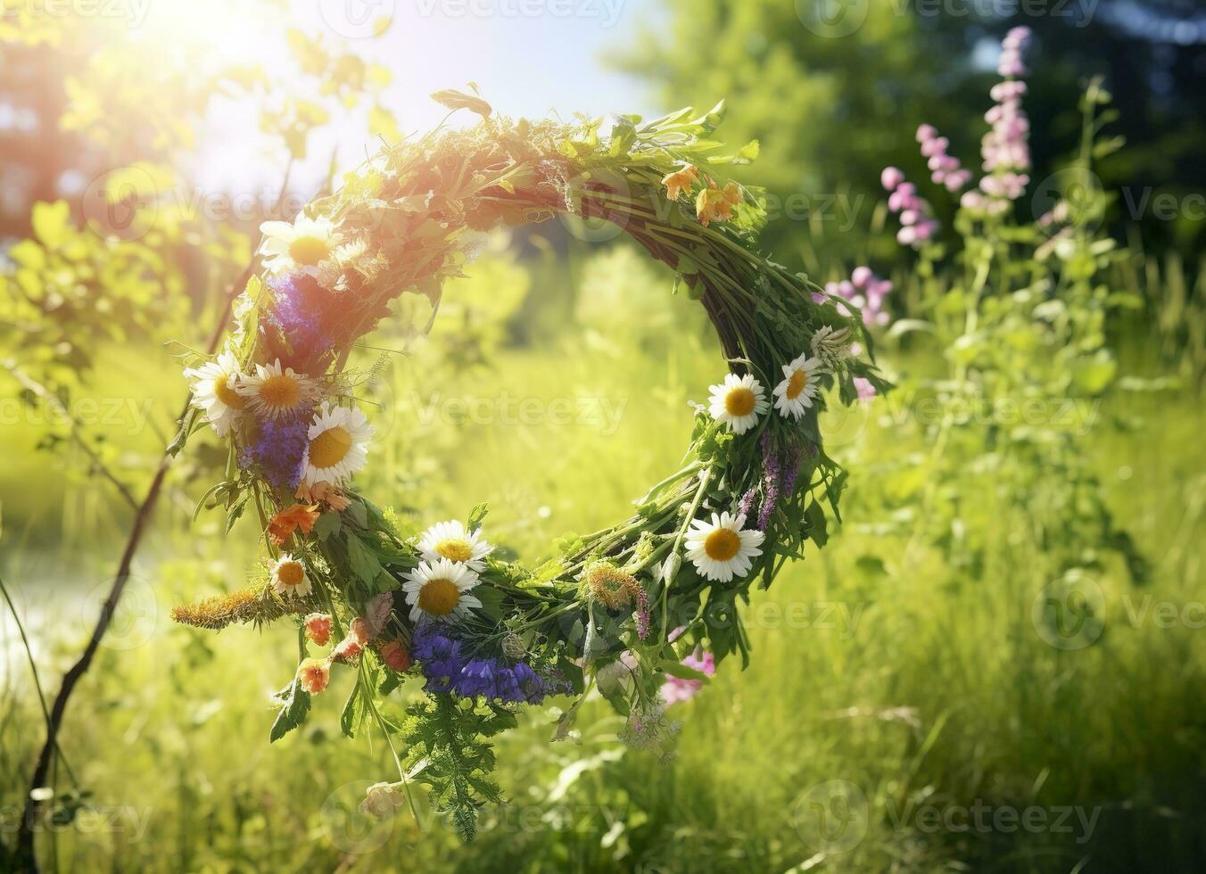 ai generado rústico flores silvestres guirnalda en un soleado prado. verano solsticio día, pleno verano concepto. generativo ai foto