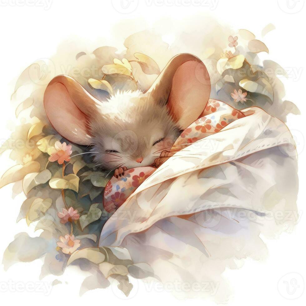 AI generated A sleepy baby mouse in a bedding, watercolor illustration.  AI Generated photo