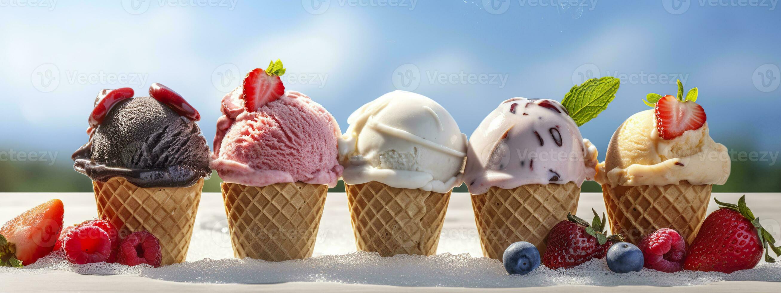 AI generated Banner with ice cream in a waffle cone on a summer day. Generative AI photo