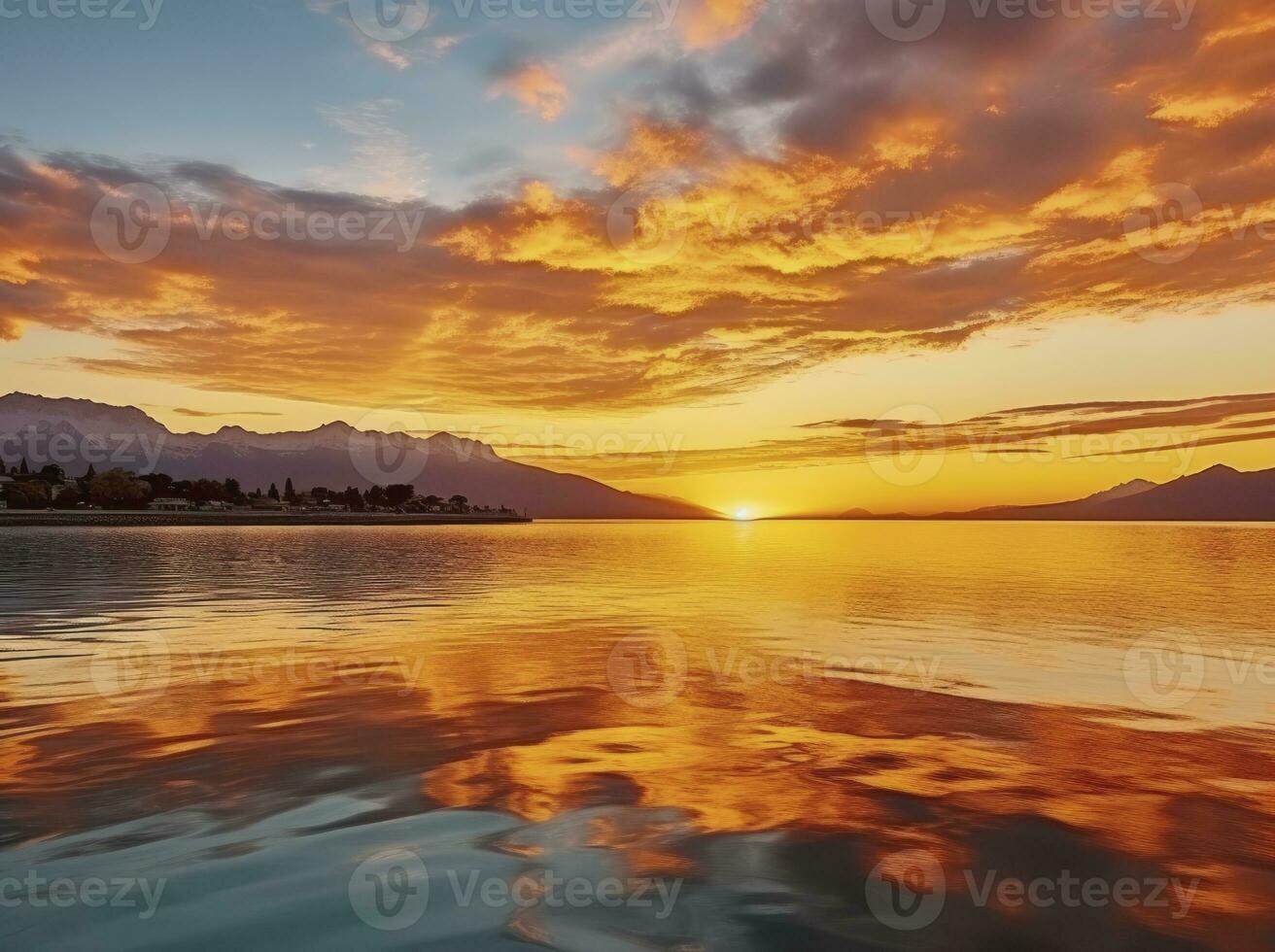 AI generated Bright sunset over Lake golden clouds reflect in the water.  AI Generated. photo