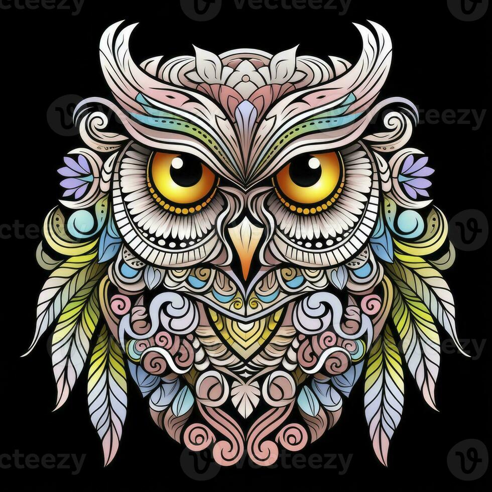 AI generated Multicolored mandala owl coloring page for adults. AI Generated photo