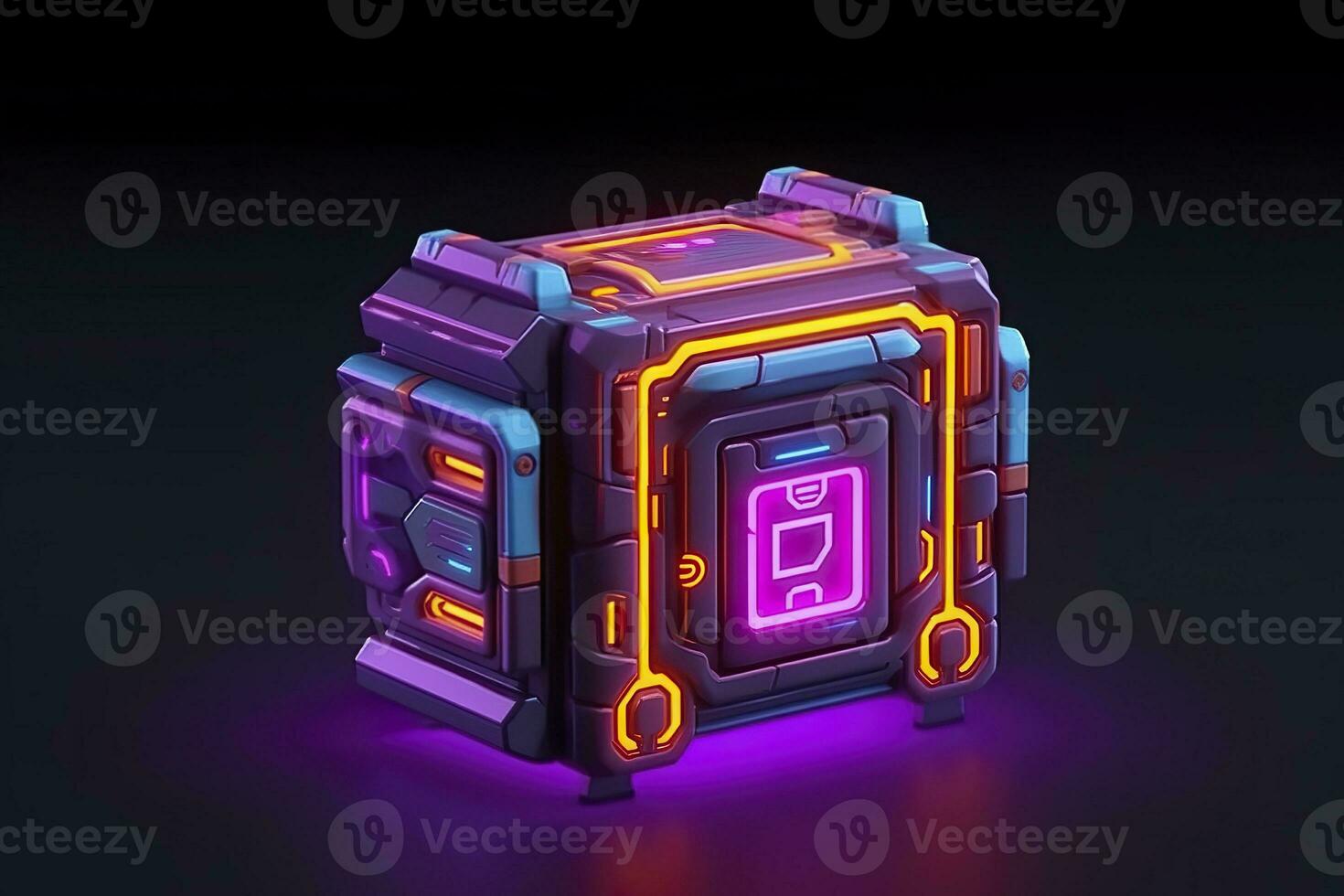 AI generated Modern and Futuristic Neon Digital Gaming Chest in Cartoon Pixar 3D Blender Style. AI Generative photo