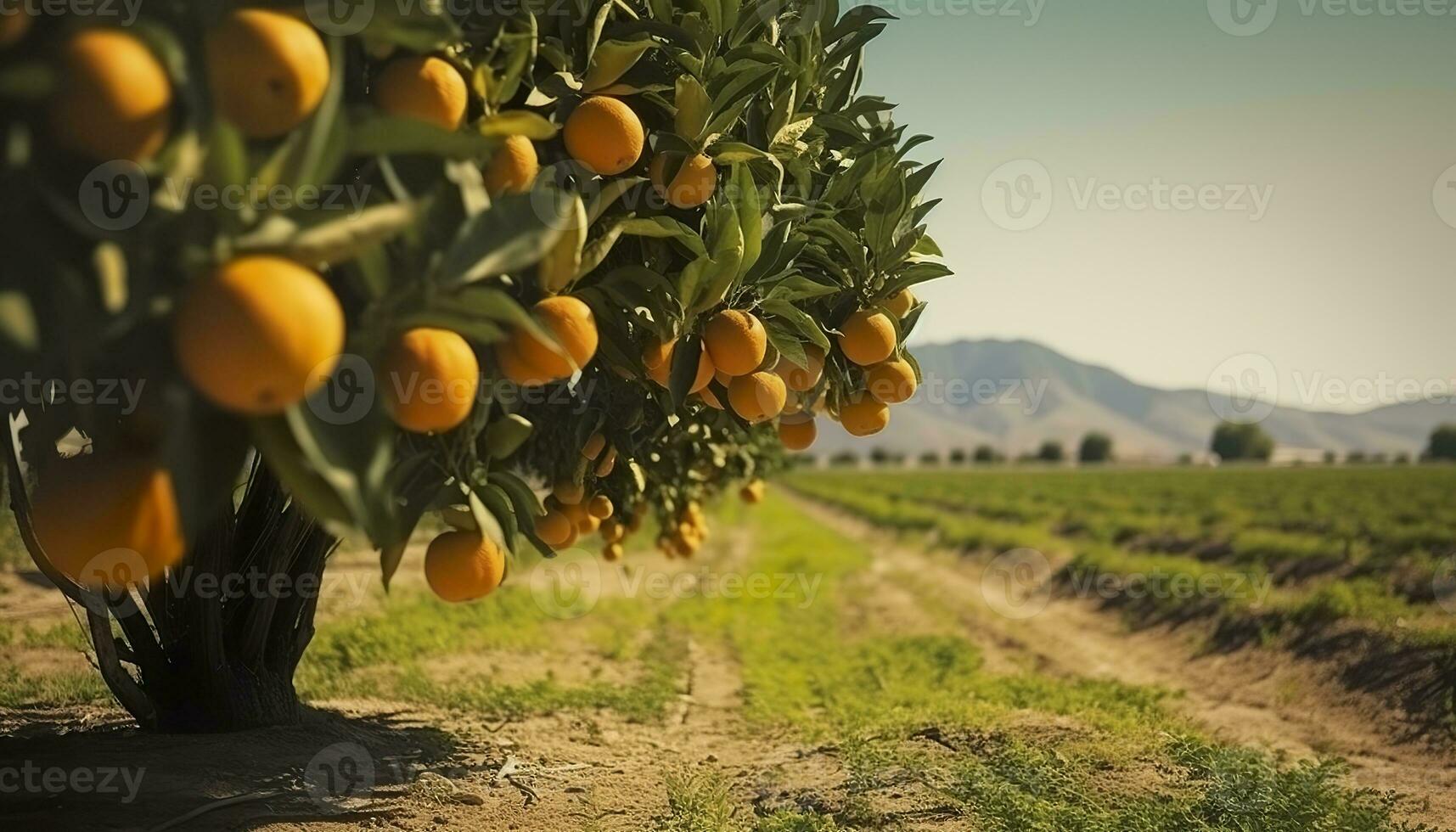 AI generated An orange tree is in the foreground with a farm field background. Generative AI photo