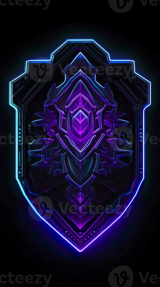 AI generated Amethyst 3D Minimalist Shield Design with a black or dark background with neon lines. AI Generative photo