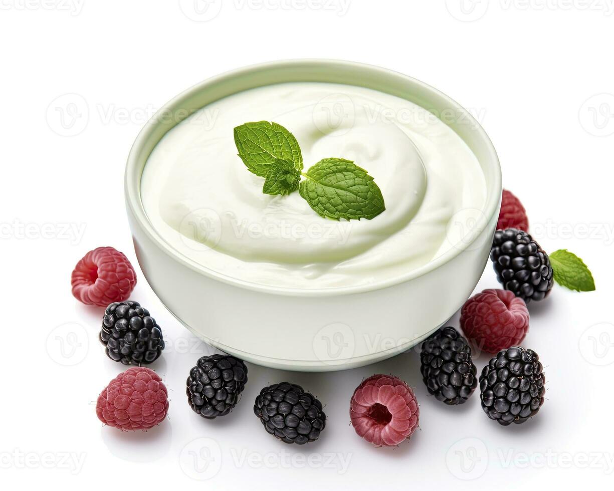 AI generated Green bowl of greek yogurt and fresh berries isolated on white background. AI Generated photo