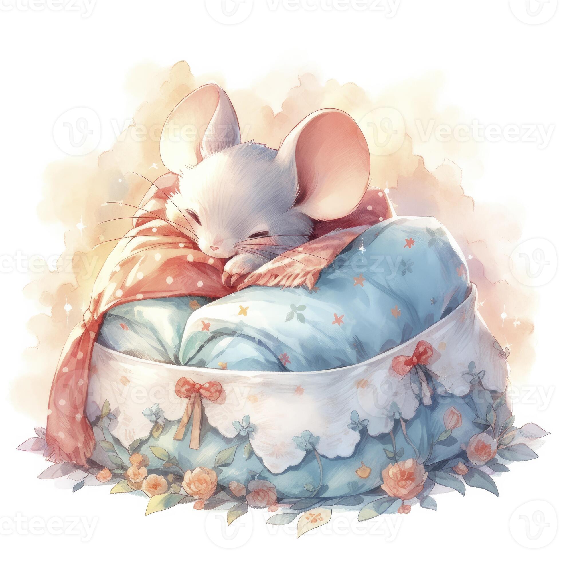 AI generated A sleepy baby mouse in a bedding, watercolor illustration