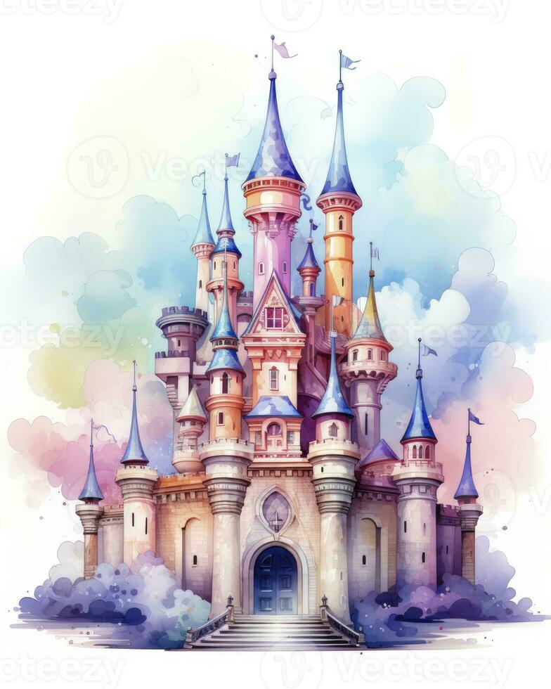 AI generated Colorful watercolor kawaii castle isolated on white background. AI Generated photo