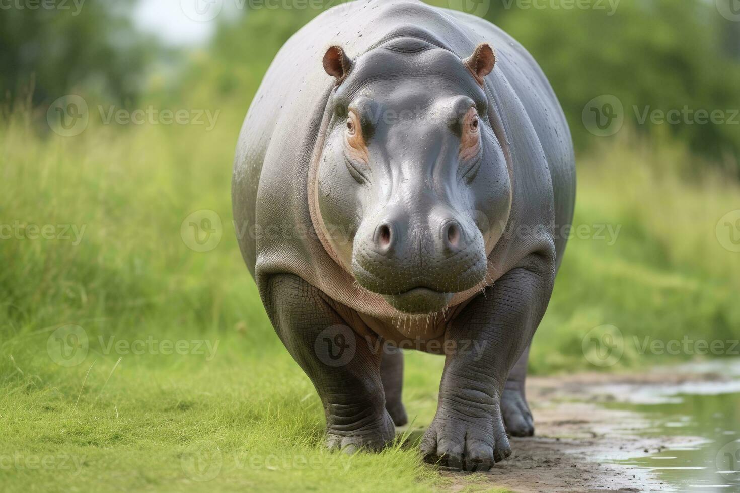 AI generated Hippopotamus Walking in a green field. AI Generated photo