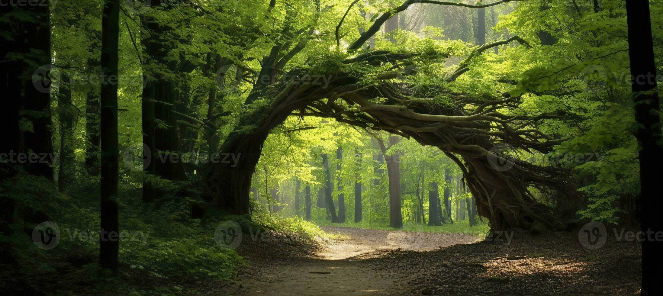 AI generated Natural archway shaped by branches in the forest. AI Generated photo