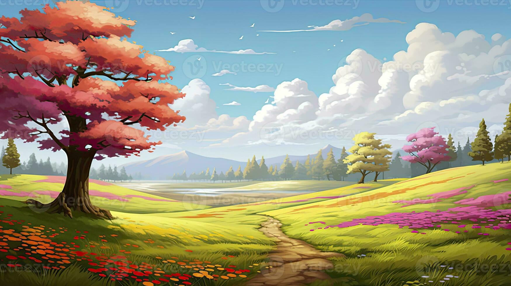 AI generated Spring season with colorful flowers and trees in a pretty meadow or field. AI Generated. photo