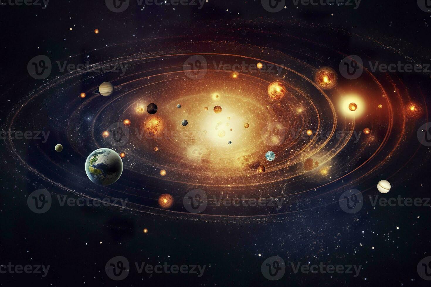 AI generated Our 3d Solar system with planets in orbits path. AI Generative photo